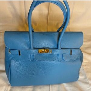 Vera Pelle Blue Leather Satchel with Gold Hardware